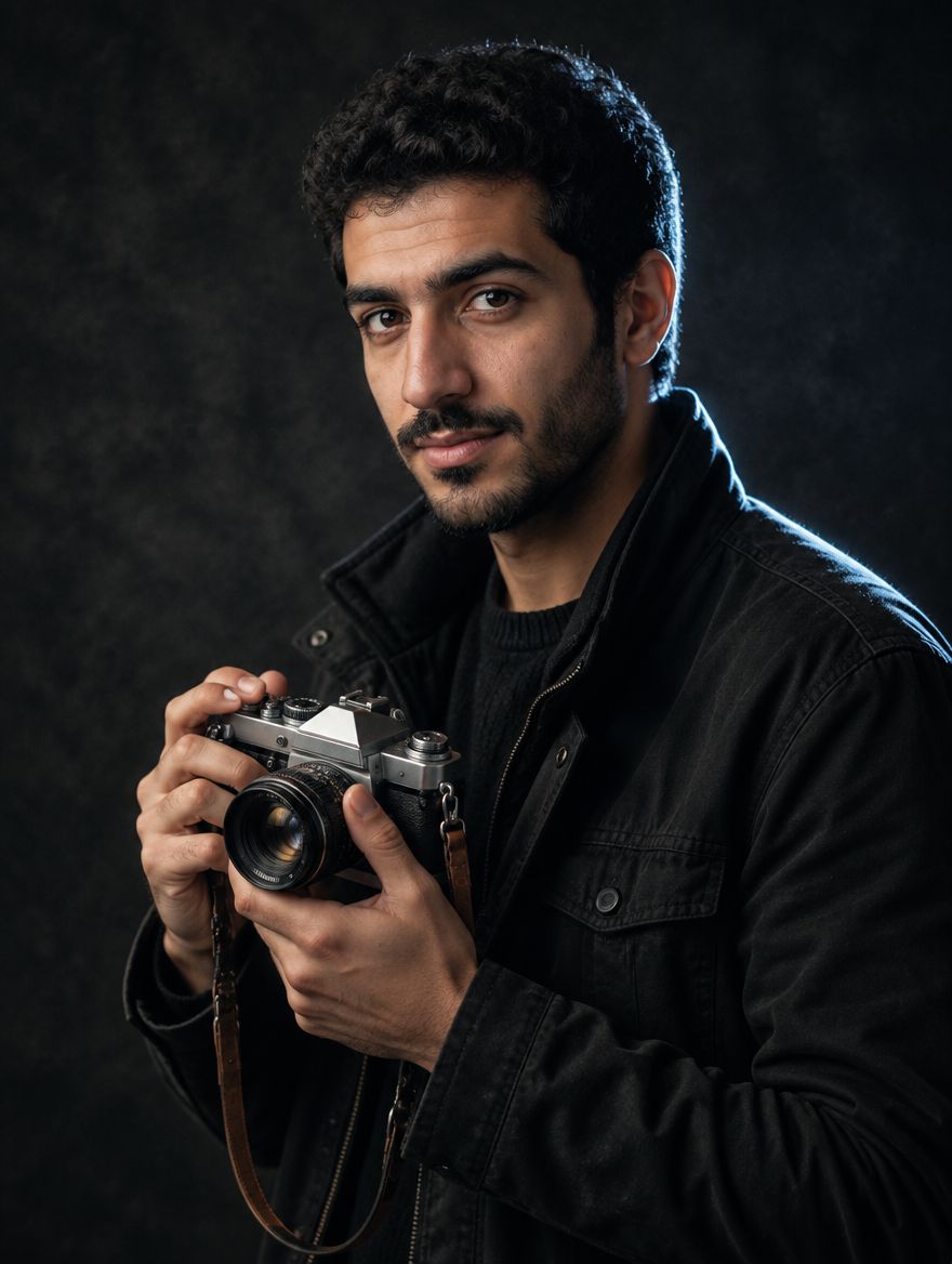 المصوّر ماسك كاميرا فيلم قديمة قدام خلفية غامقة