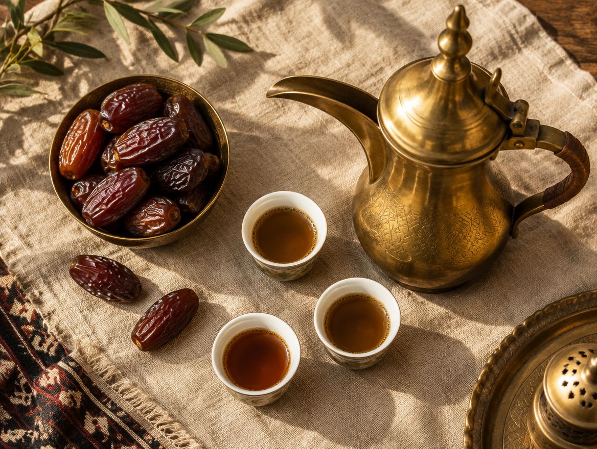 دلّة قهوة نحاس وفناجين قهوة عربي وطبق بلح على مفرش كتّان