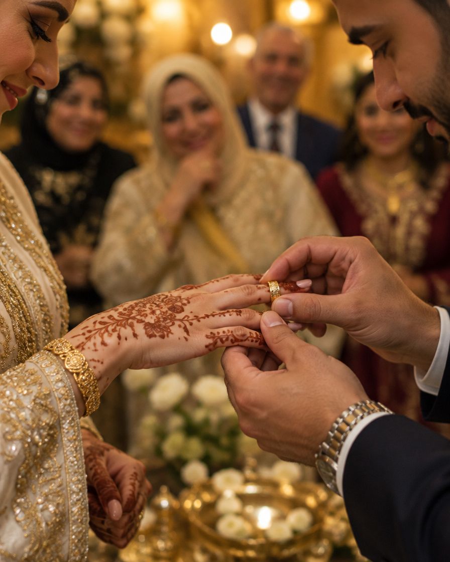 العريس بيلبّس العروسة الدبلة في إيدها المنقوشة حنّة، والأهل بيتفرّجوا ومبسوطين